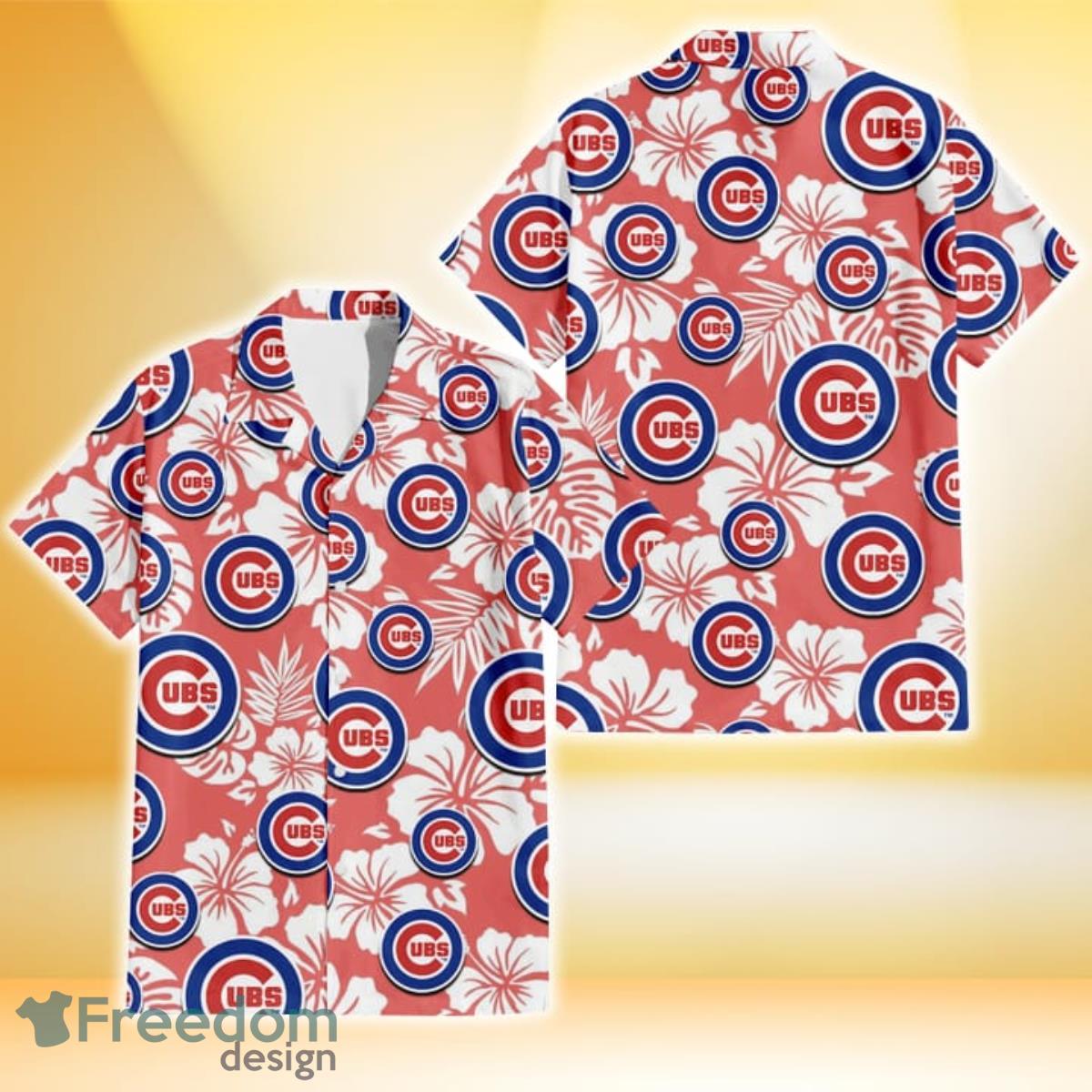 Chicago Cubs White Hibiscus Salmon Background 3D Hawaiian Shirt Gift For Fans Chicago Cubs White Hibiscus Salmon Background 3D Hawaiian Shirt Gift For Fans