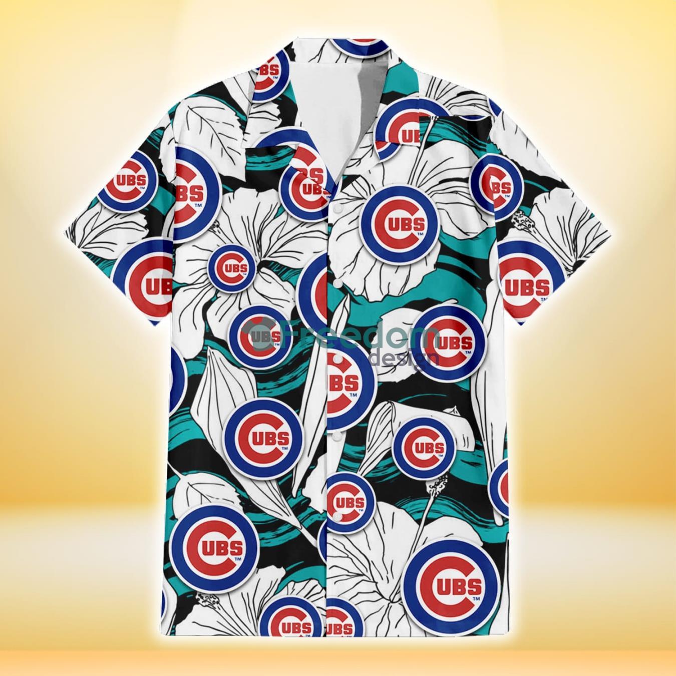 Chicago-Cubs-White-Hibiscus-Turquoise-Wave-Black-Background-3D-Hawaiian-Shirt-Gift-For-Fans-1