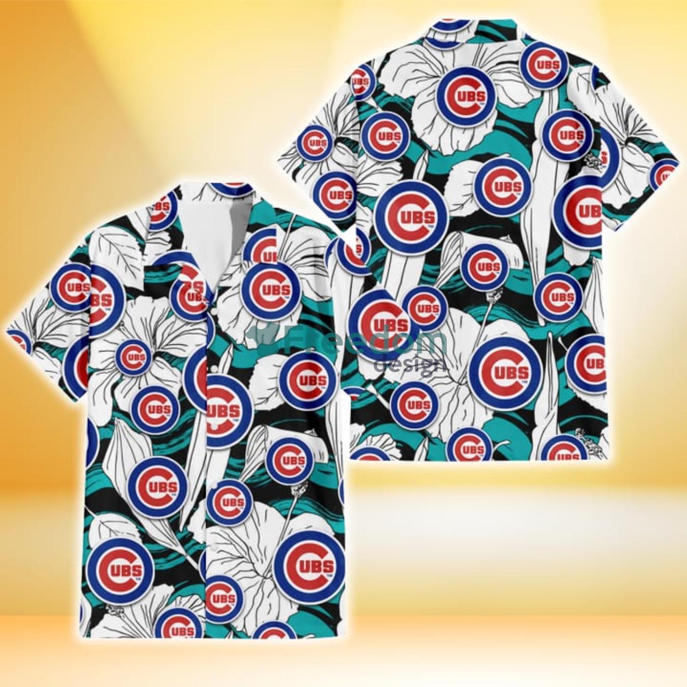 Chicago Cubs White Hibiscus Turquoise Wave Black Background 3D Hawaiian Shirt Gift For Fans Chicago Cubs White Hibiscus Turquoise Wave Black Background 3D Hawaiian Shirt Gift For Fans