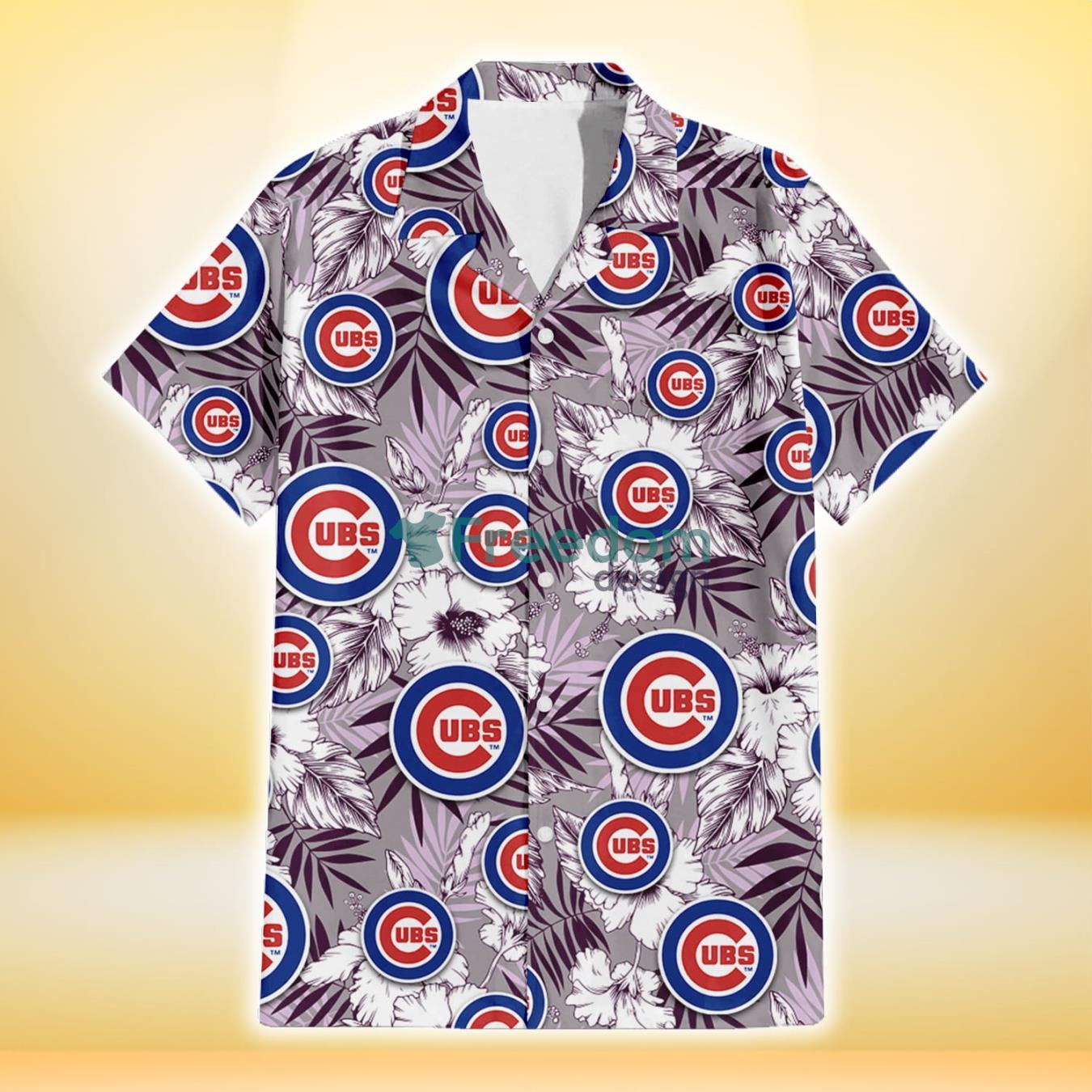 Chicago-Cubs-White-Hibiscus-Violet-Leaves-Light-Grey-Background-3D-Hawaiian-Shirt-Gift-For-Fans-1