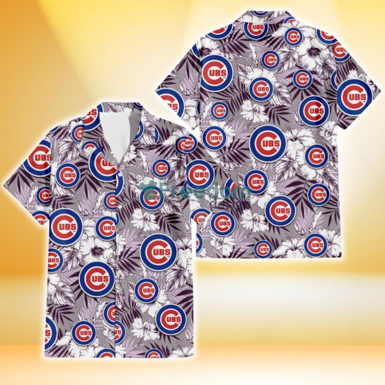 Chicago Cubs White Hibiscus Violet Leaves Light Grey Background 3D Hawaiian Shirt Gift For Fans Chicago Cubs White Hibiscus Violet Leaves Light Grey Background 3D Hawaiian Shirt Gift For Fans