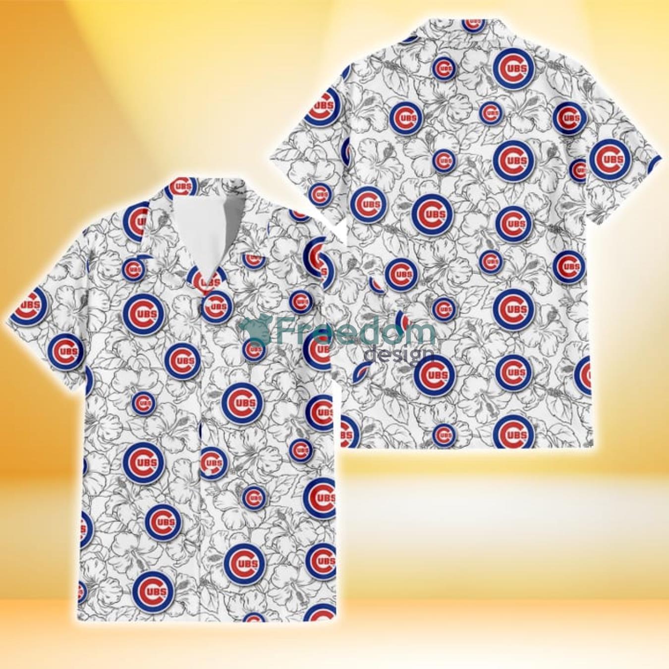 Chicago Cubs White Sketch Hibiscus Pattern White Background 3D Hawaiian Shirt Gift For Fans Chicago Cubs White Sketch Hibiscus Pattern White Background 3D Hawaiian Shirt Gift For Fans