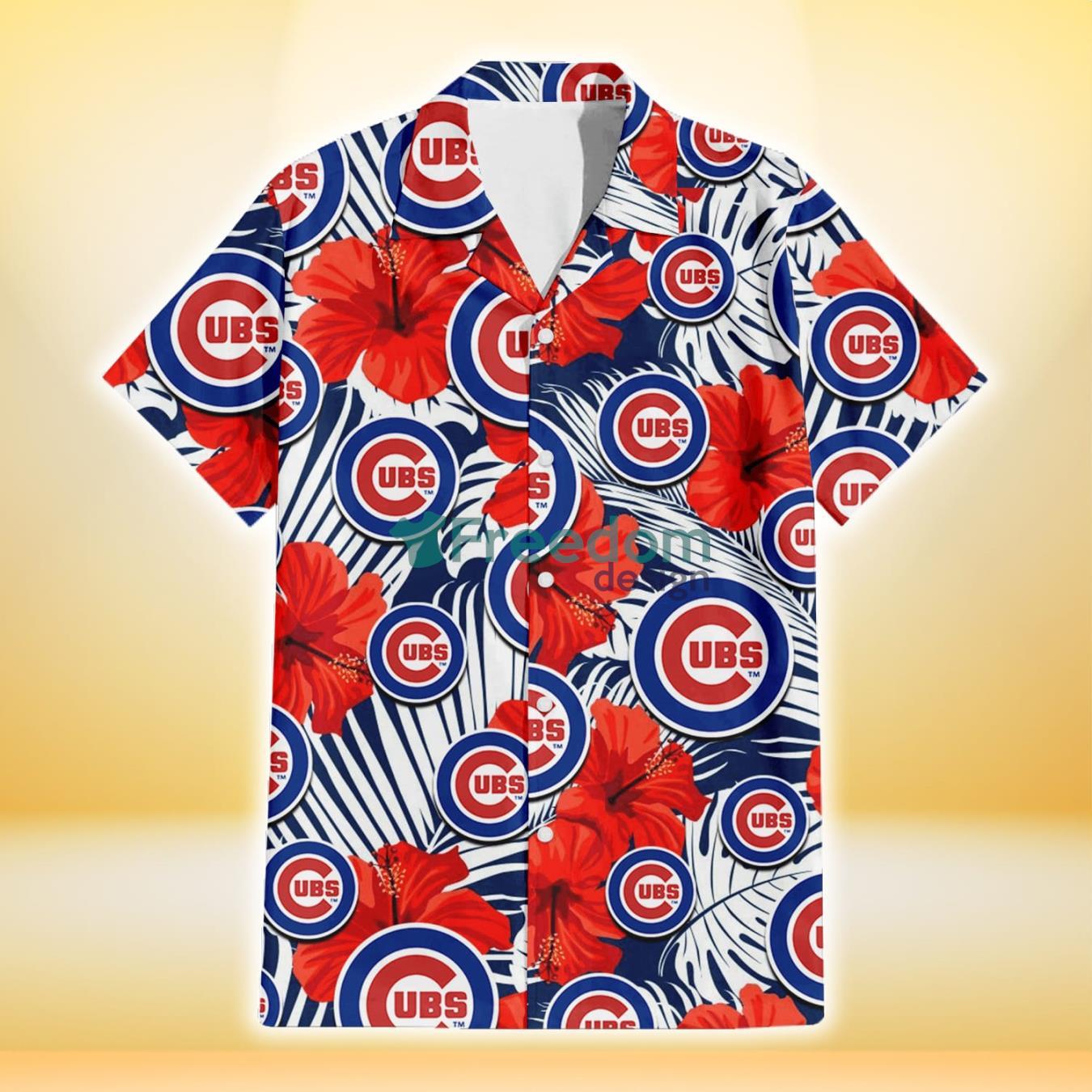 Chicago-Cubs-White-Tropical-Leaf-Red-Hibiscus-Navy-Background-3D-Hawaiian-Shirt-Gift-For-Fans-1