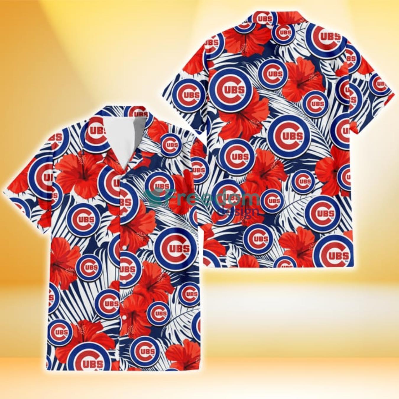 Chicago Cubs White Tropical Leaf Red Hibiscus Navy Background 3D Hawaiian Shirt Gift For Fans Chicago Cubs White Tropical Leaf Red Hibiscus Navy Background 3D Hawaiian Shirt Gift For Fans