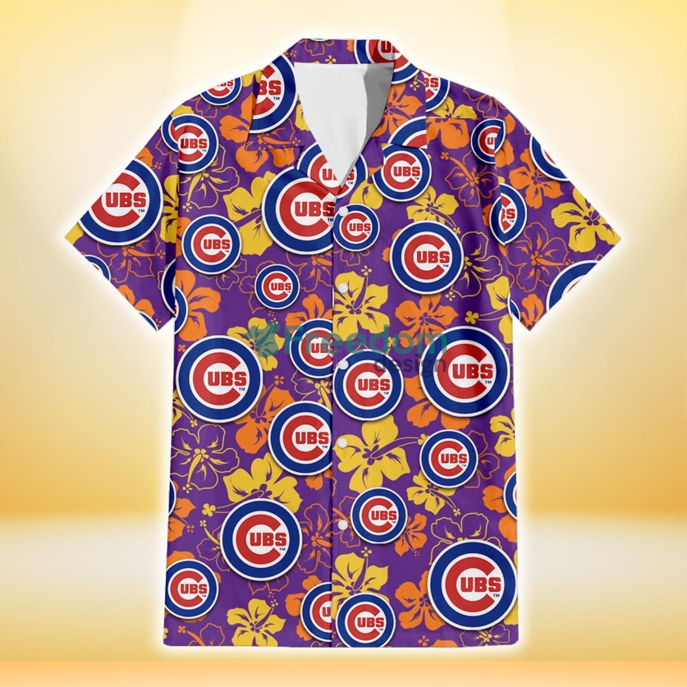 Chicago-Cubs-Yellow-And-Orange-Hibiscus-Purple-Background-3D-Hawaiian-Shirt-Gift-For-Fans-1