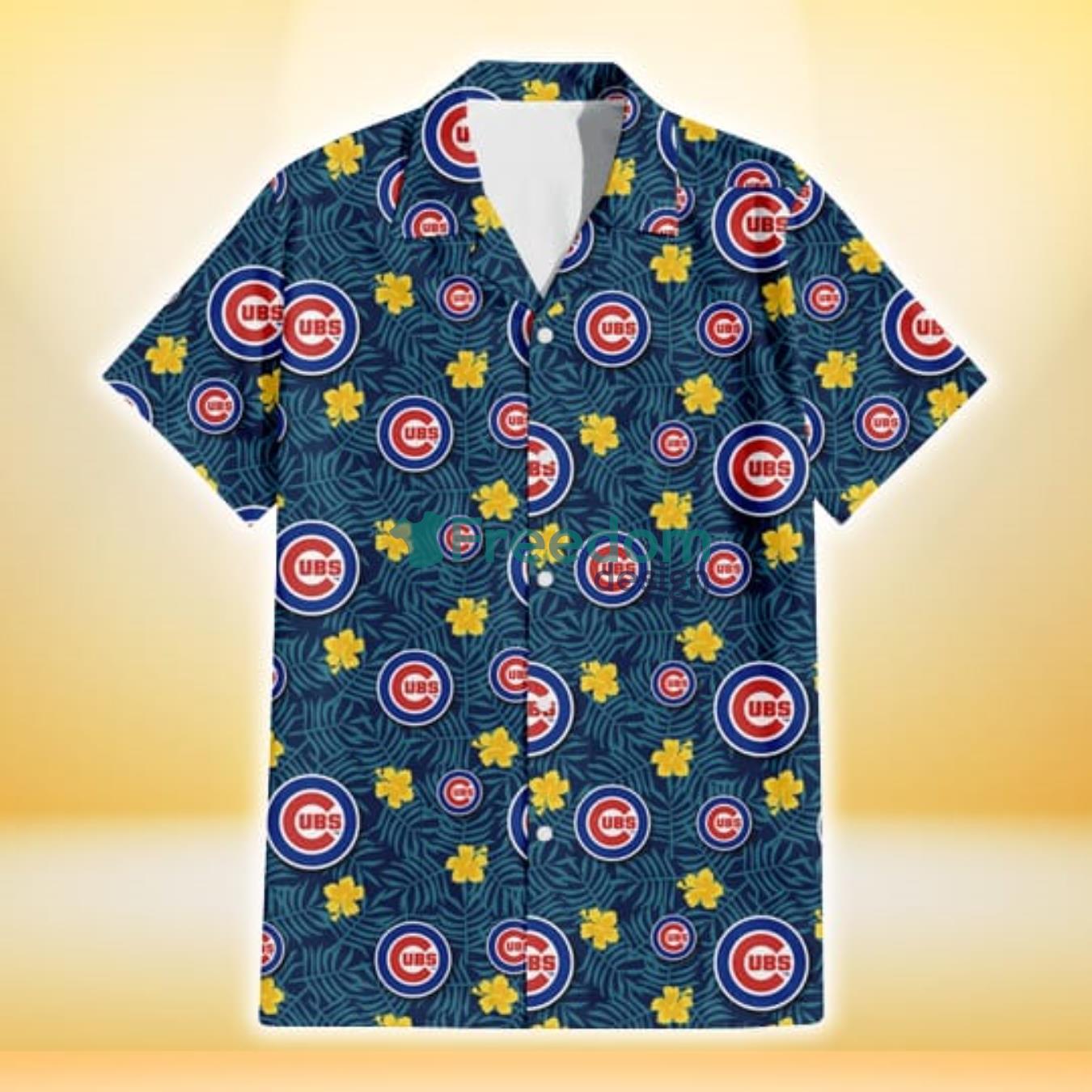 Chicago-Cubs-Yellow-Hibiscus-Cadet-Blue-Leaf-Navy-Background-3D-Hawaiian-Shirt-Gift-For-Fans-1