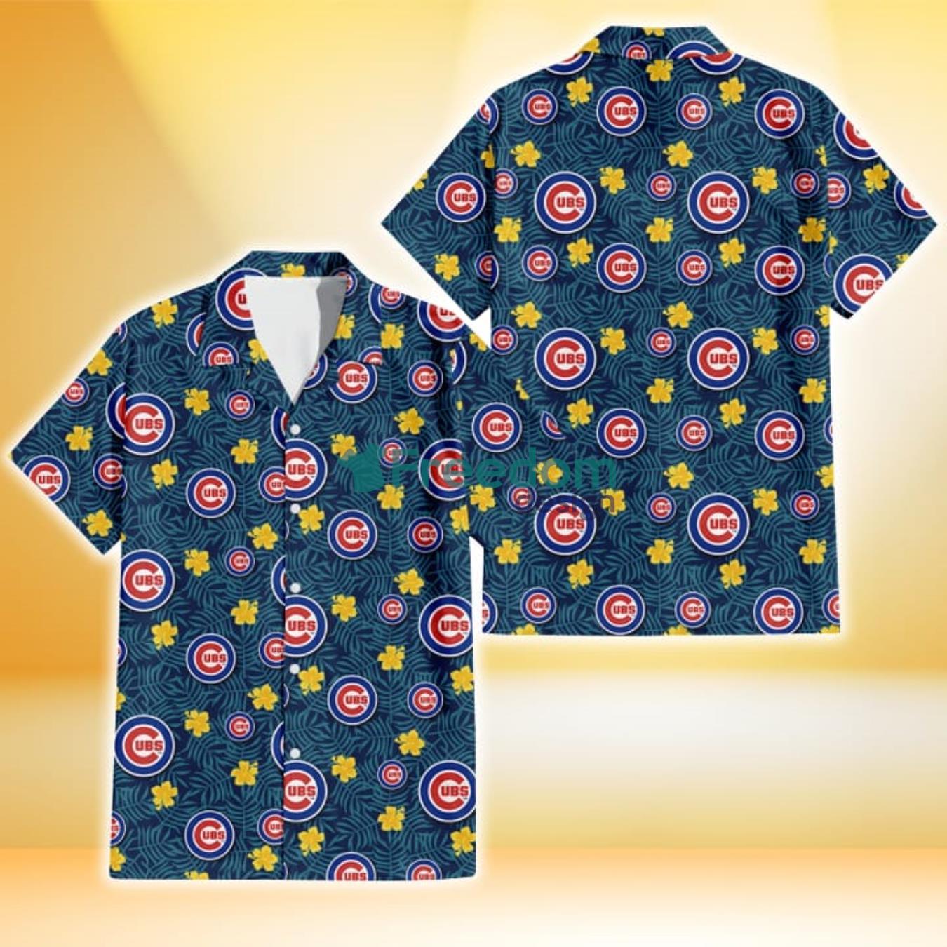 Chicago Cubs Yellow Hibiscus Cadet Blue Leaf Navy Background 3D Hawaiian Shirt Gift For Fans Chicago Cubs Yellow Hibiscus Cadet Blue Leaf Navy Background 3D Hawaiian Shirt Gift For Fans