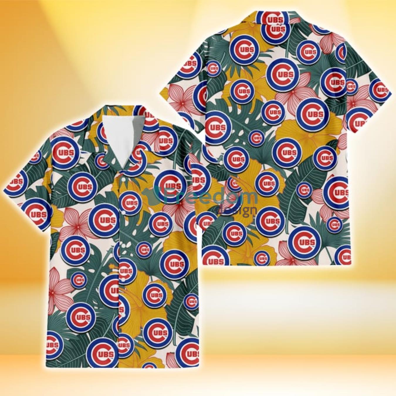 Chicago Cubs Yellow Hibiscus Green Banana Leaf Pink Porcelain Flower 3D Hawaiian Shirt Gift For Fans Chicago Cubs Yellow Hibiscus Green Banana Leaf Pink Porcelain Flower 3D Hawaiian Shirt Gift For Fans