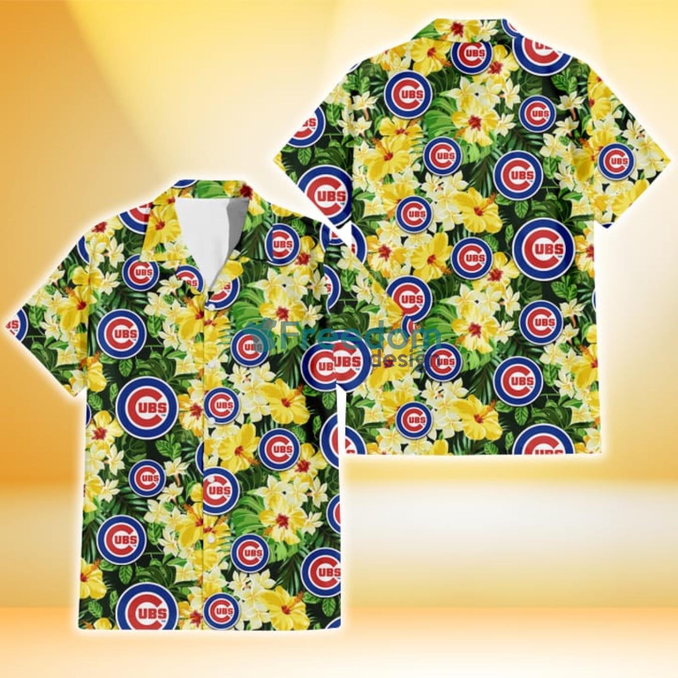 Chicago Cubs Yellow Hibiscus Tropical Green Leaf Black Background 3D Hawaiian Shirt Gift For Fans Chicago Cubs Yellow Hibiscus Tropical Green Leaf Black Background 3D Hawaiian Shirt Gift For Fans