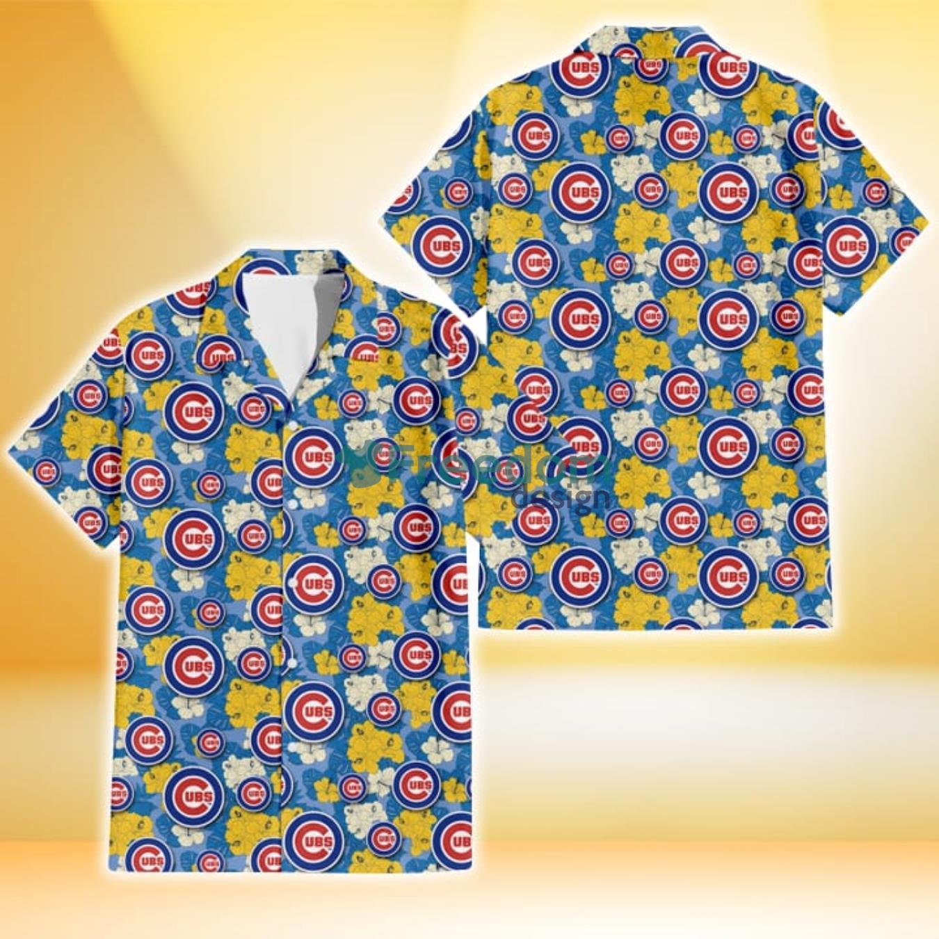 Chicago Cubs Yellow White Hibiscus Powder Blue Background 3D Hawaiian Shirt Gift For Fans Chicago Cubs Yellow White Hibiscus Powder Blue Background 3D Hawaiian Shirt Gift For Fans