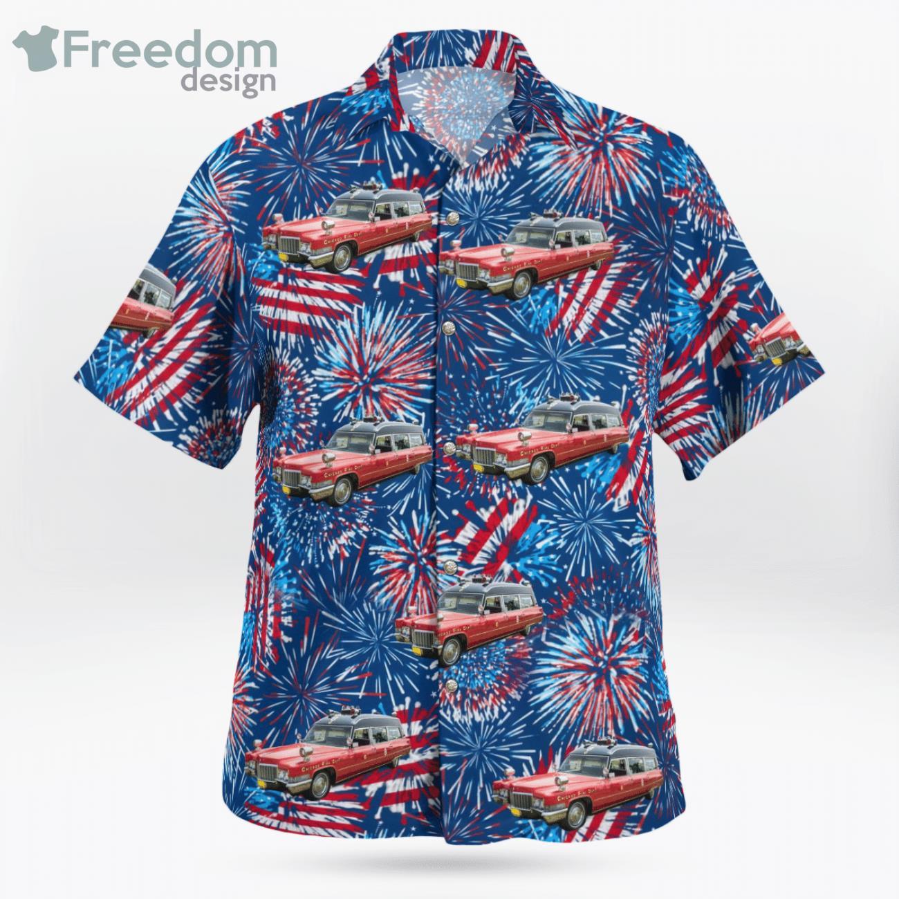 Chicago Fire Department 1970 Cadillac Ambulance 4Th Of July Hawaiian Shirt