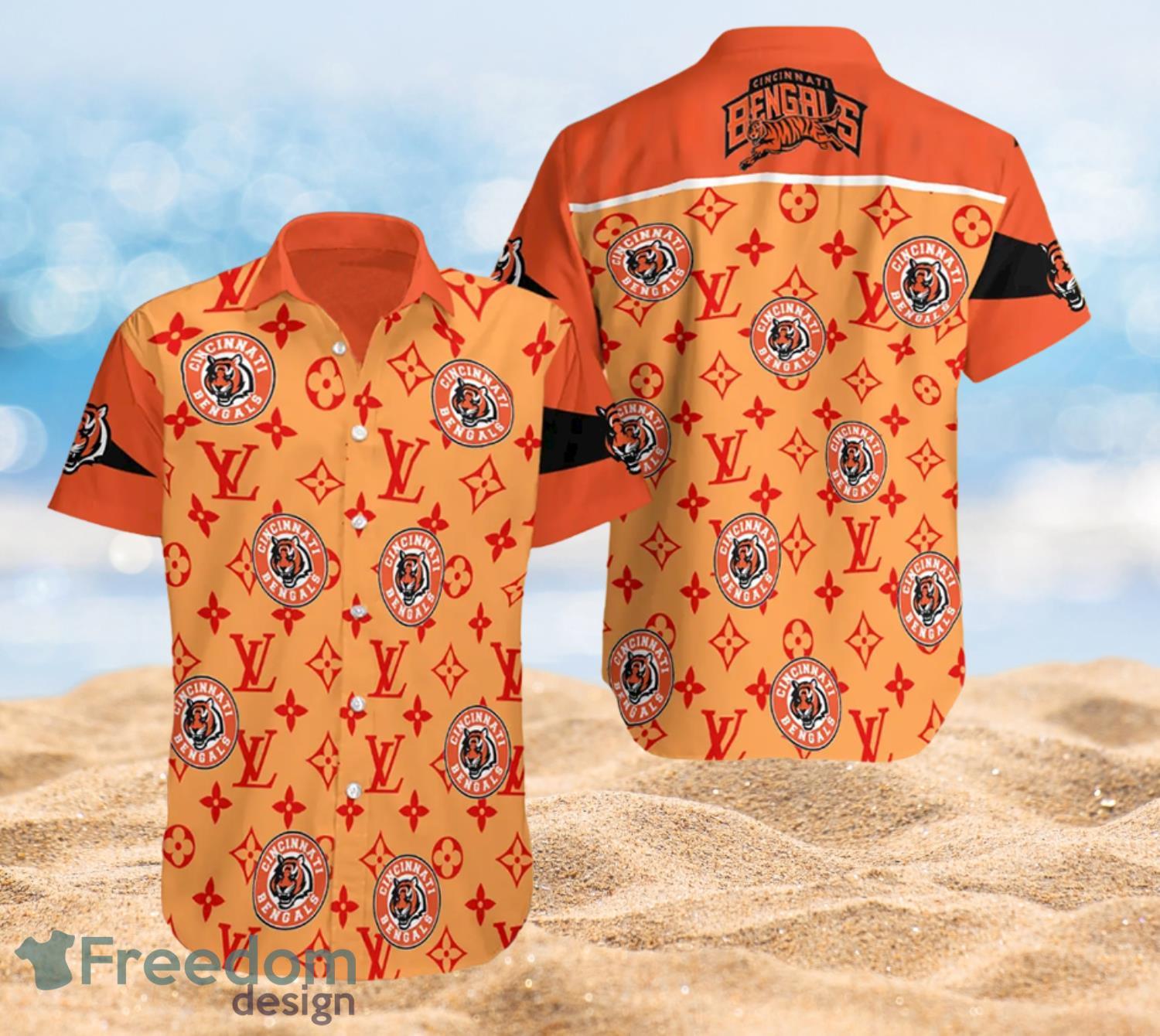 Cincinnati Bengals And LV Pattern Summer Hawaiian Beach Shirt Full Over Print Cincinnati Bengals And LV Pattern Summer Hawaiian Beach Shirt Full Over Print
