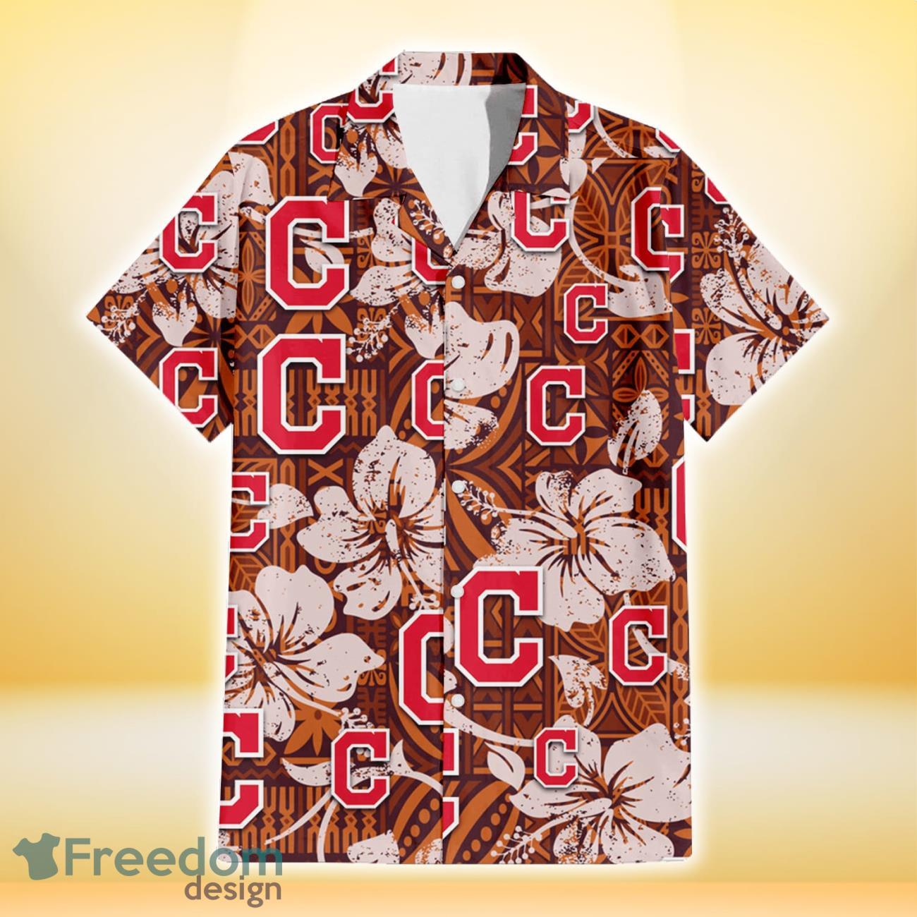 Cleveland Indians Bisque Hibiscus Brown Pattern 3D Hawaiian Shirt Gift For Fans