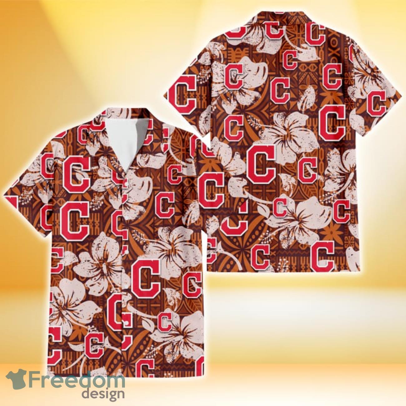 Cleveland Indians Bisque Hibiscus Brown Pattern 3D Hawaiian Shirt Gift For Fans Cleveland Indians Bisque Hibiscus Brown Pattern 3D Hawaiian Shirt Gift For Fans