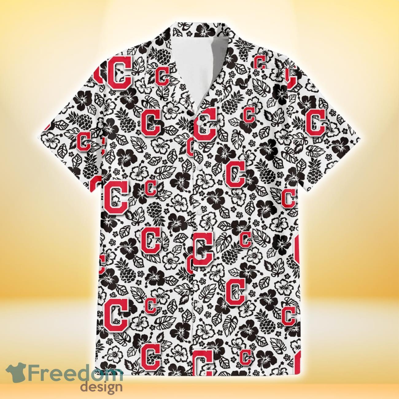 Cleveland-Indians-Black-And-White-Hibiscus-Leaf-White-Background-3D-Hawaiian-Shirt-Gift-For-Fans-1
