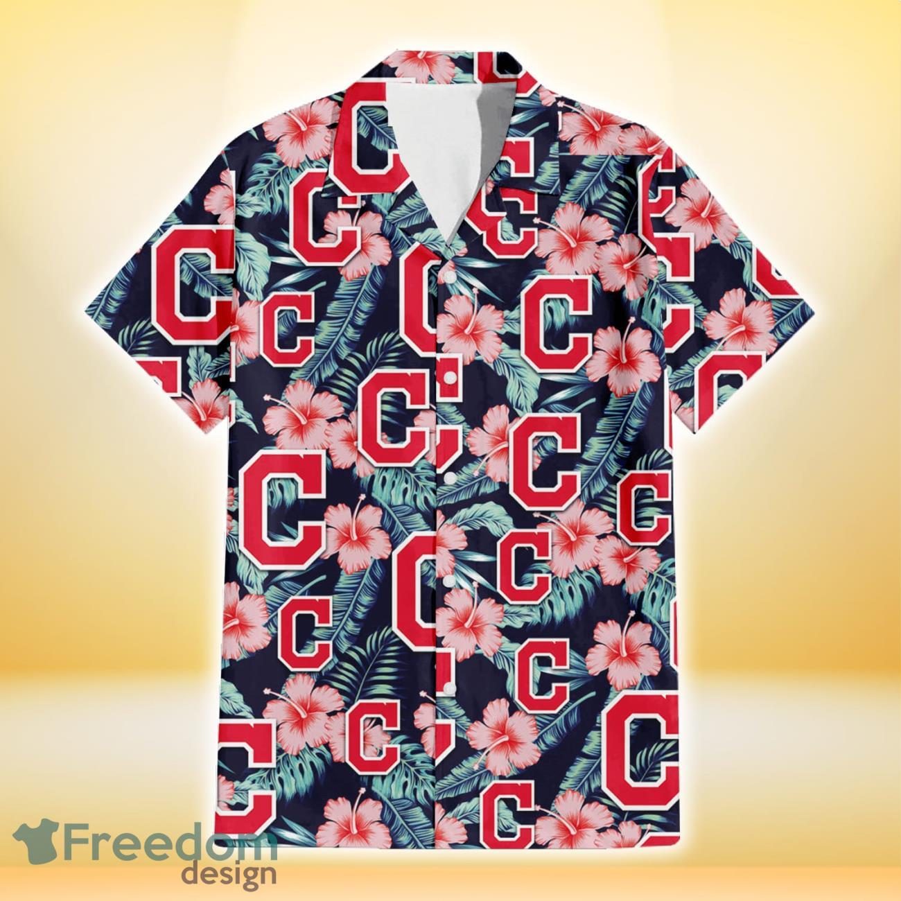Cleveland-Indians-Coral-Hibiscus-Green-Banana-Leaf-Black-Background-3D-Hawaiian-Shirt-Gift-For-Fans-1