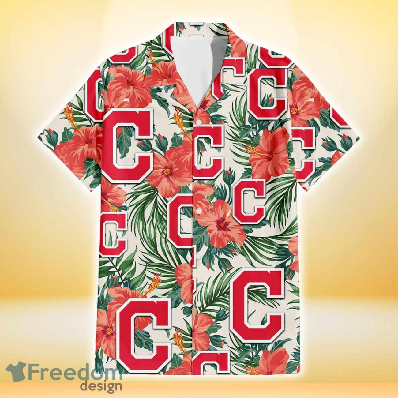 Cleveland-Indians-Coral-Hibiscus-Green-Leaf-Beige-Background-3D-Hawaiian-Shirt-Gift-For-Fans-1