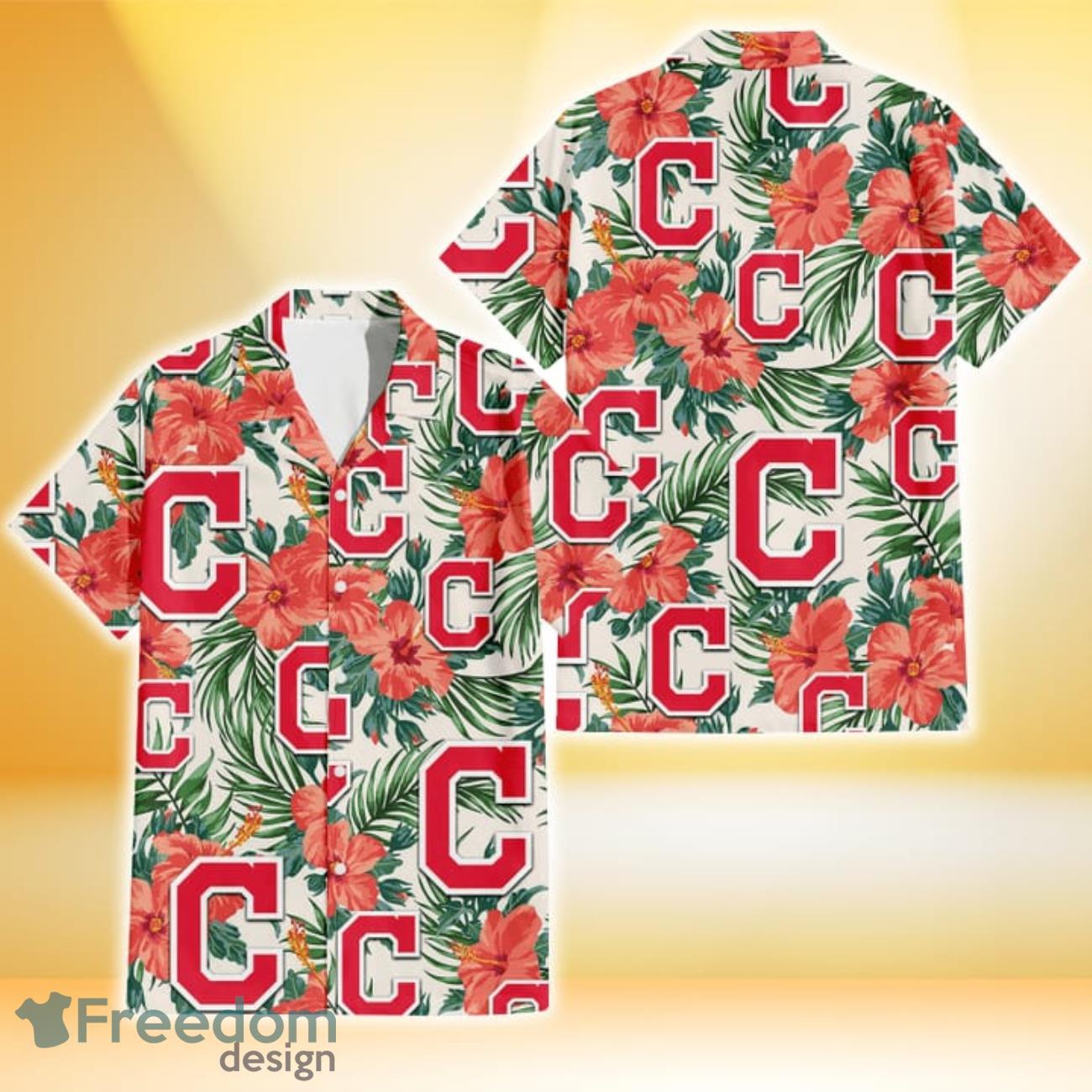 Cleveland Indians Coral Hibiscus Green Leaf Beige Background 3D Hawaiian Shirt Gift For Fans Cleveland Indians Coral Hibiscus Green Leaf Beige Background 3D Hawaiian Shirt Gift For Fans