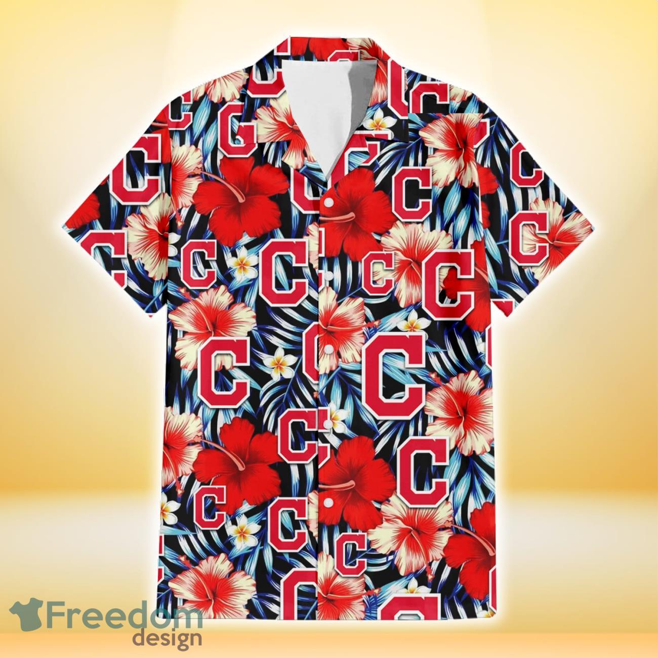 Cleveland-Indians-Coral-Red-Hibiscus-Blue-Palm-Leaf-Black-Background-3D-Hawaiian-Shirt-Gift-For-Fans-1