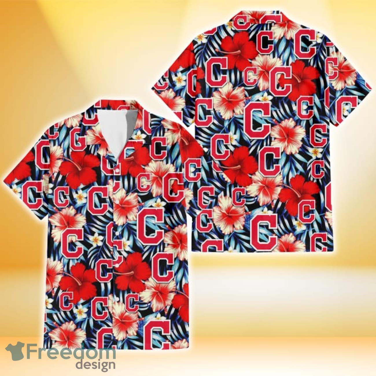 Cleveland Indians Coral Red Hibiscus Blue Palm Leaf Black Background 3D Hawaiian Shirt Gift For Fans Cleveland Indians Coral Red Hibiscus Blue Palm Leaf Black Background 3D Hawaiian Shirt Gift For Fans