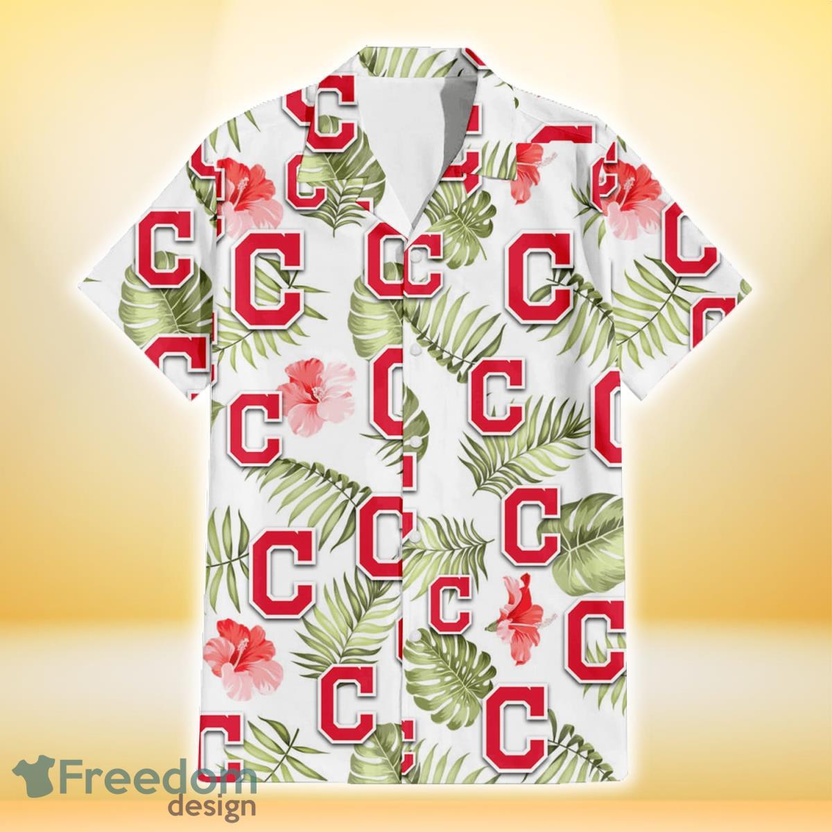 Cleveland-Indians-Light-Salmon-Hibiscus-Green-Leaf-White-Background-3D-Hawaiian-Shirt-Gift-For-Fans-1