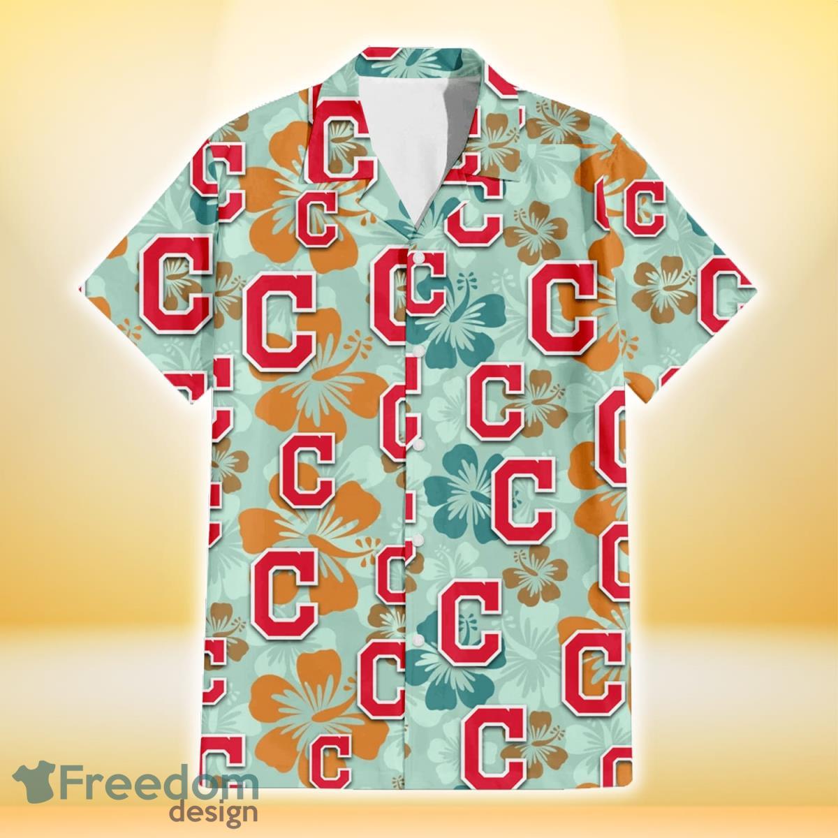 Cleveland-Indians-Orange-Green-Hibiscus-Pale-Green-Background-3D-Hawaiian-Shirt-Gift-For-Fans-1