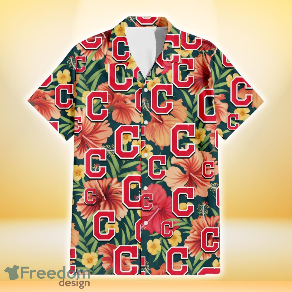 Cleveland-Indians-Orange-Red-Hibiscus-Green-Leaf-Dark-Background-3D-Hawaiian-Shirt-Gift-For-Fans-1