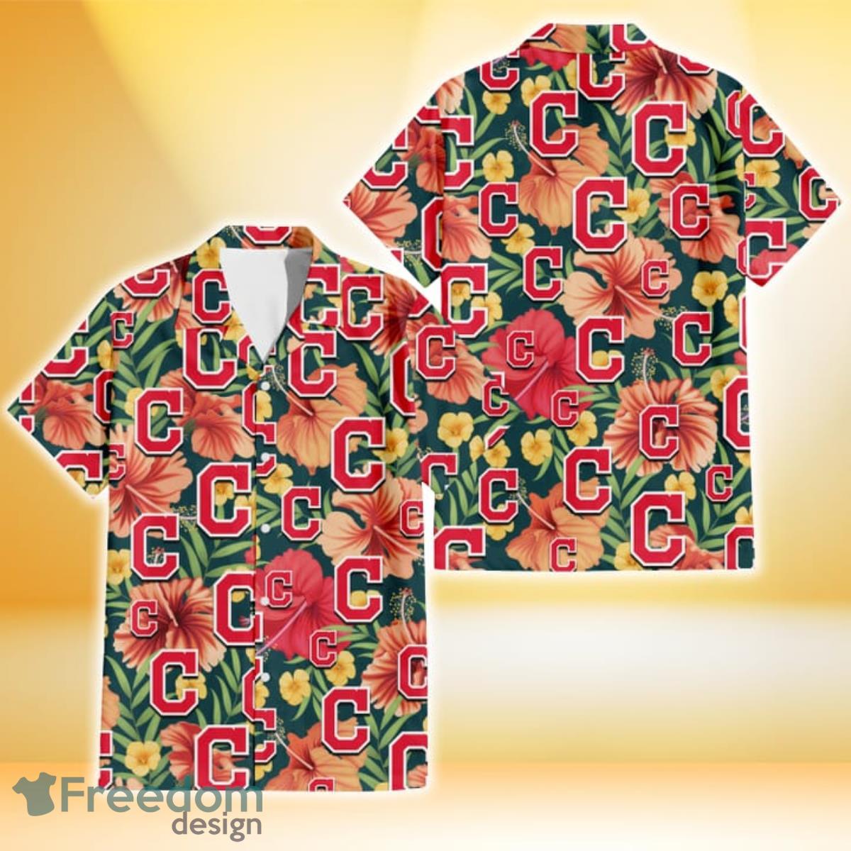 Cleveland Indians Orange Red Hibiscus Green Leaf Dark Background 3D Hawaiian Shirt Gift For Fans Cleveland Indians Orange Red Hibiscus Green Leaf Dark Background 3D Hawaiian Shirt Gift For Fans