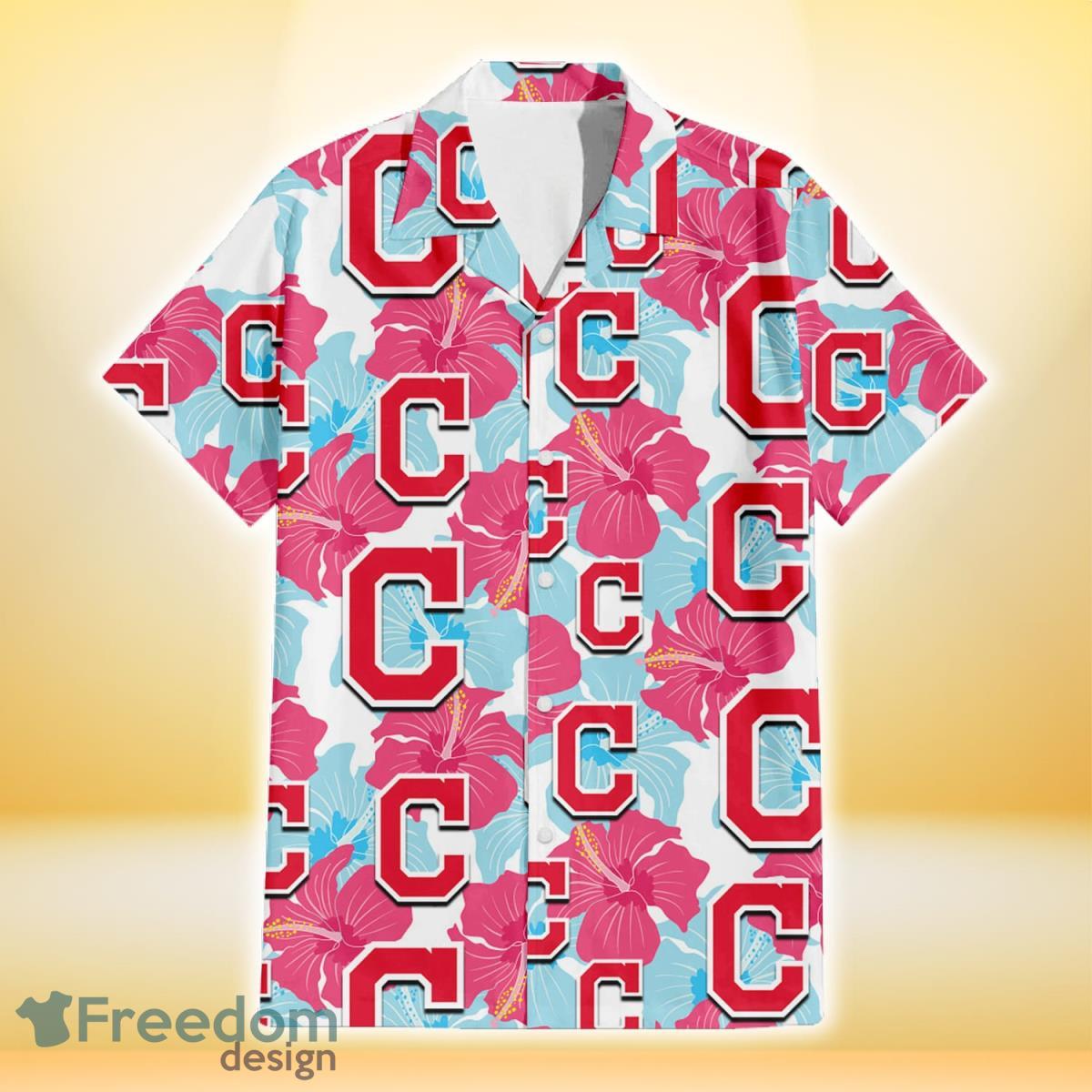 Cleveland-Indians-Pink-Blue-Hibiscus-White-Background-3D-Hawaiian-Shirt-Gift-For-Fans-1