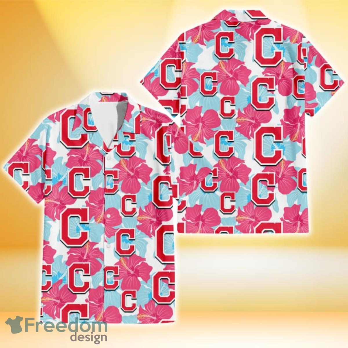 Cleveland Indians Pink Blue Hibiscus White Background 3D Hawaiian Shirt Gift For Fans Cleveland Indians Pink Blue Hibiscus White Background 3D Hawaiian Shirt Gift For Fans