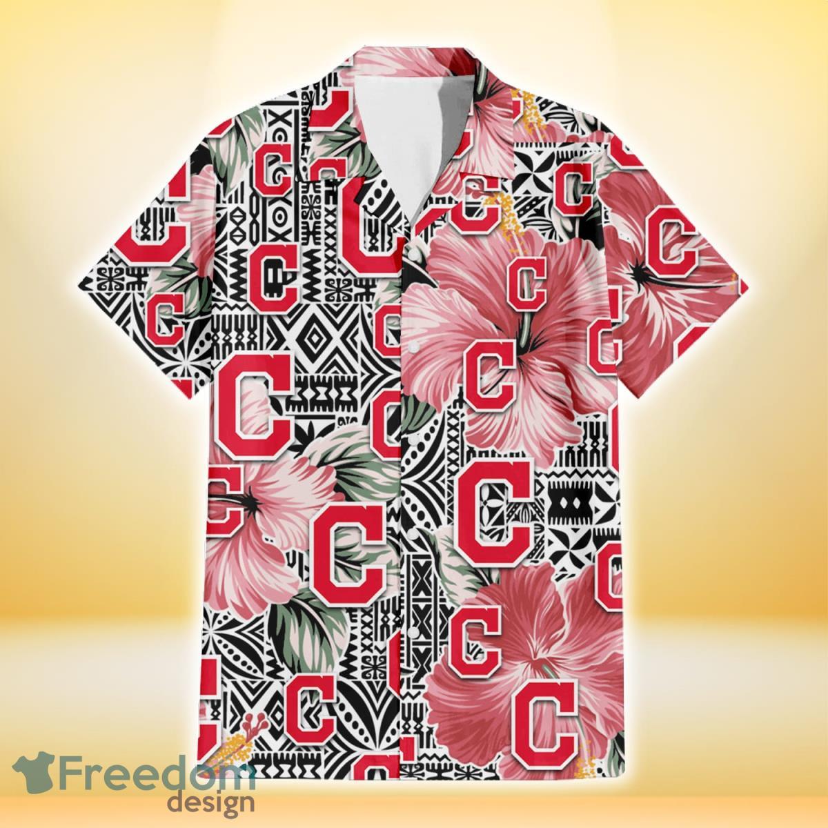 Cleveland-Indians-Pink-Hibiscus-Black-Pattern-White-Background-3D-Hawaiian-Shirt-Gift-For-Fans-1