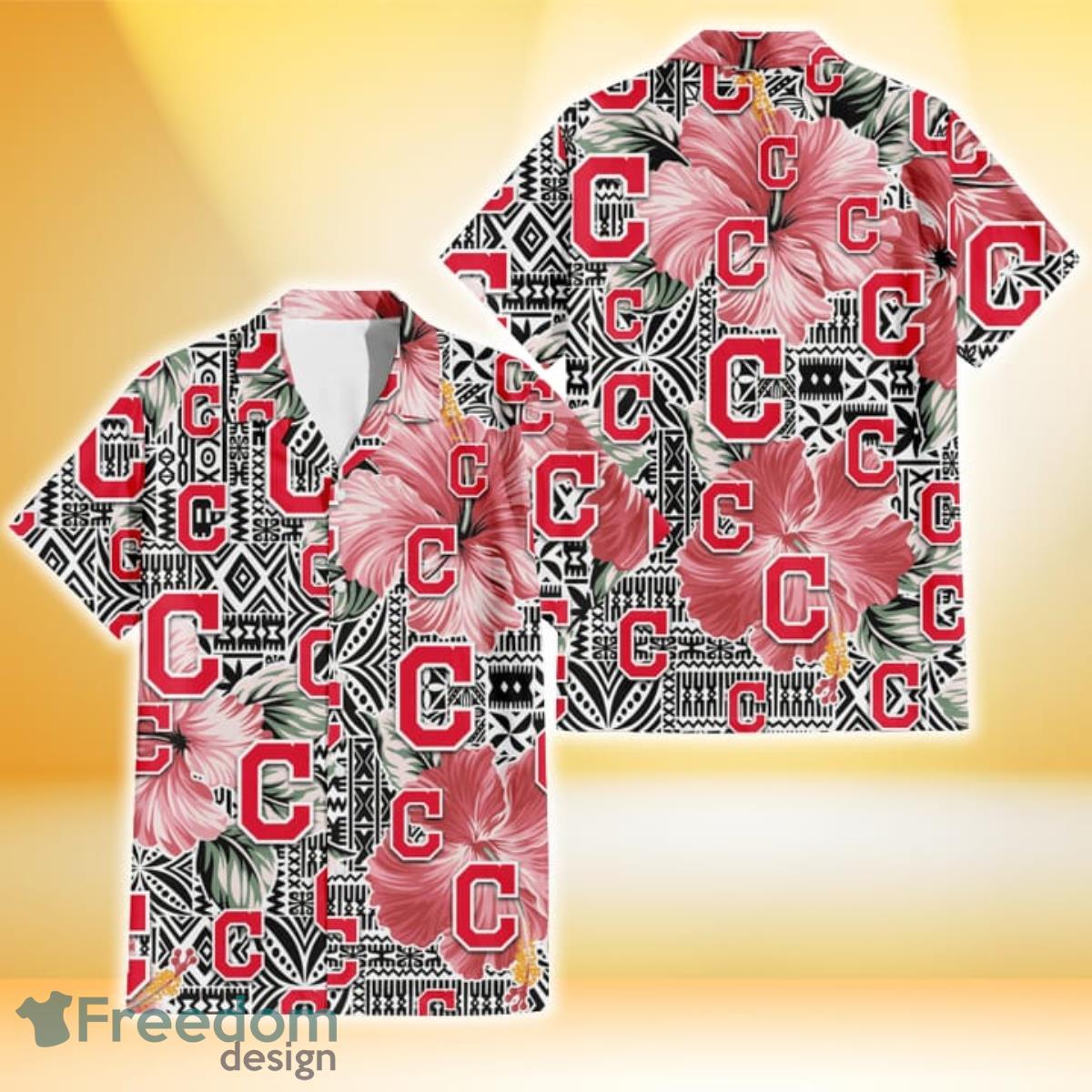 Cleveland Indians Pink Hibiscus Black Pattern White Background 3D Hawaiian Shirt Gift For Fans Cleveland Indians Pink Hibiscus Black Pattern White Background 3D Hawaiian Shirt Gift For Fans