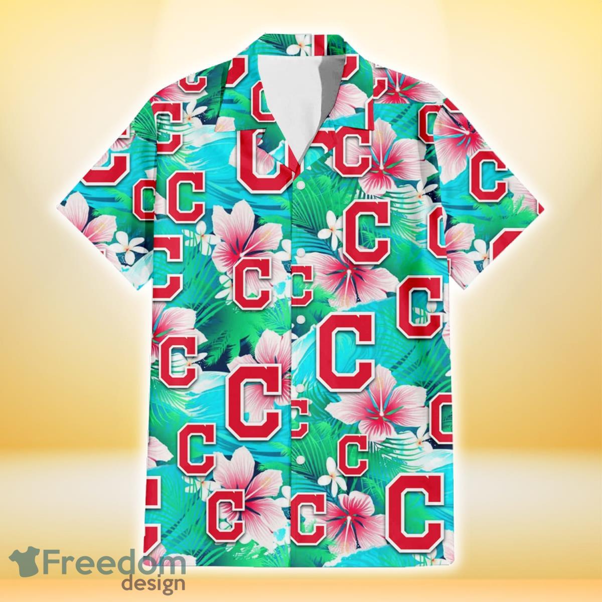 Cleveland-Indians-Pink-Hibiscus-Green-Leaf-Blue-Background-3D-Hawaiian-Shirt-Gift-For-Fans-1