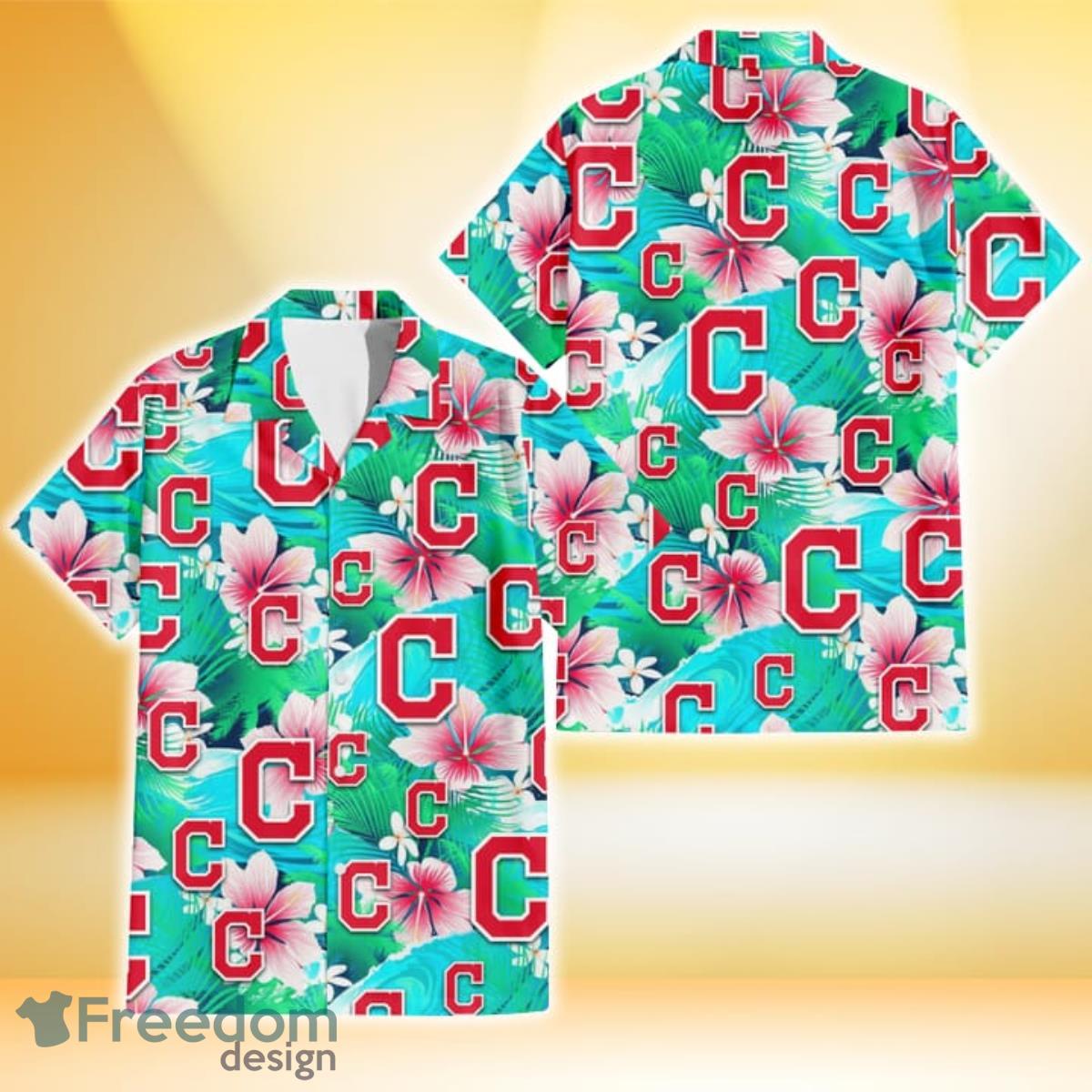 Cleveland Indians Pink Hibiscus Green Leaf Blue Background 3D Hawaiian Shirt Gift For Fans Cleveland Indians Pink Hibiscus Green Leaf Blue Background 3D Hawaiian Shirt Gift For Fans