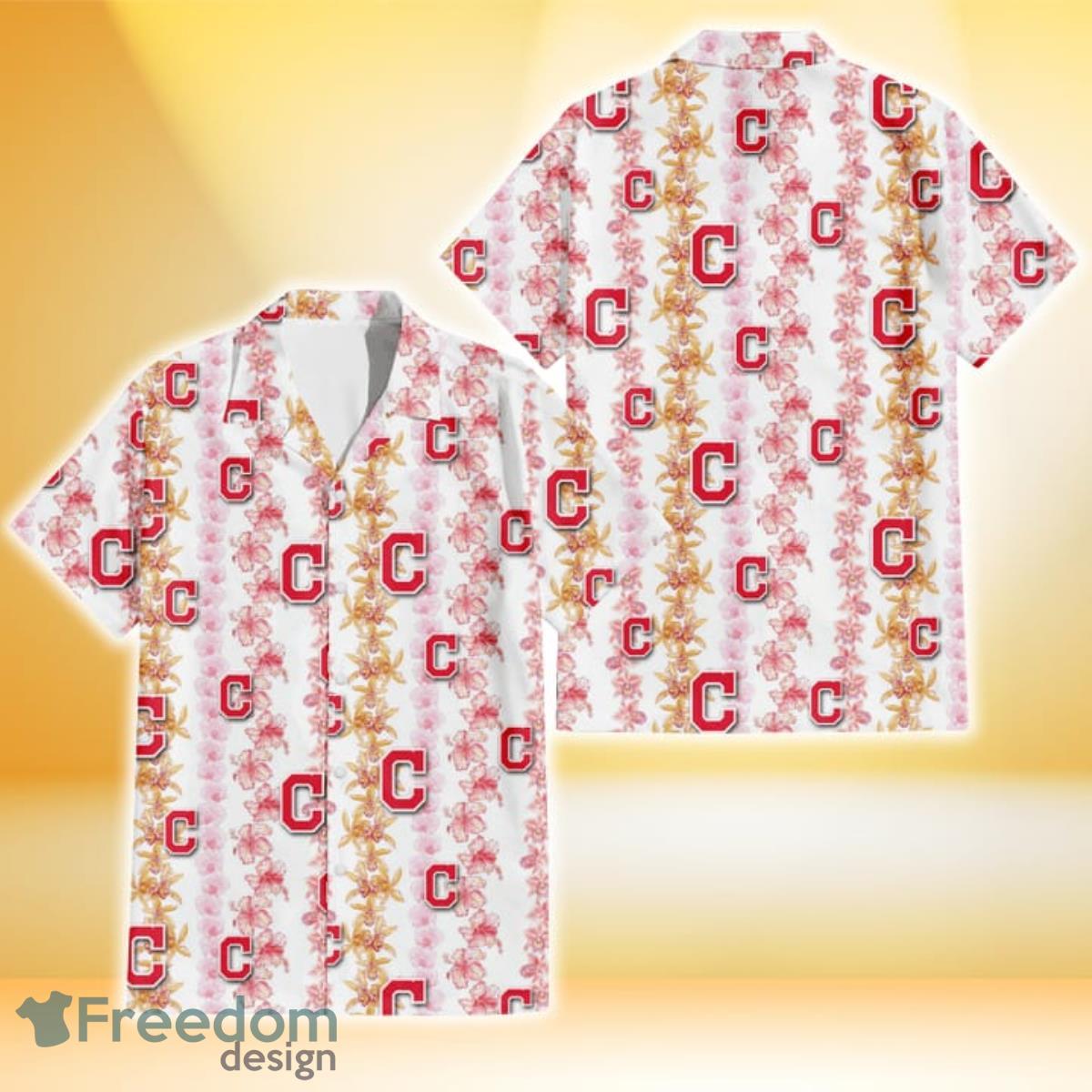 Cleveland Indians Pink Hibiscus Yellow Pink Orchid White Background 3D Hawaiian Shirt Gift For Fans Cleveland Indians Pink Hibiscus Yellow Pink Orchid White Background 3D Hawaiian Shirt Gift For Fans