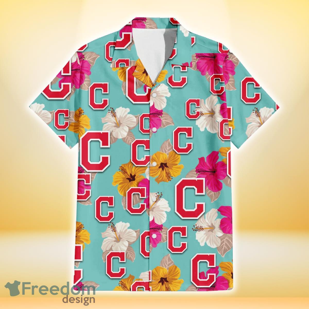 Cleveland-Indians-Pink-Yellow-White-Hibiscus-Turquoise-Background-3D-Hawaiian-Shirt-Gift-For-Fans-1