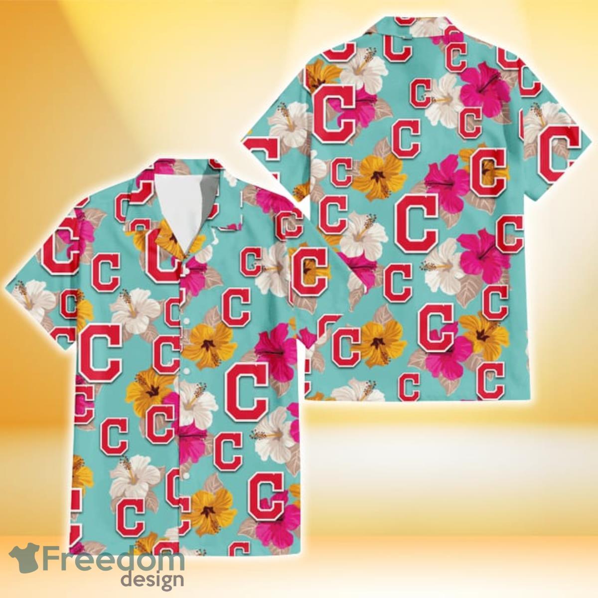 Cleveland Indians Pink Yellow White Hibiscus Turquoise Background 3D Hawaiian Shirt Gift For Fans Cleveland Indians Pink Yellow White Hibiscus Turquoise Background 3D Hawaiian Shirt Gift For Fans