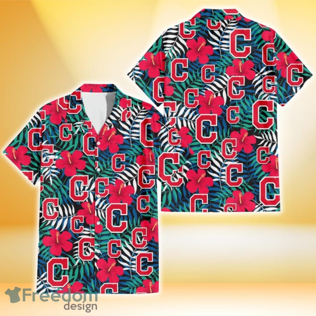 Cleveland Indians Red Hibiscus Green Blue White Leaf Black Background 3D Hawaiian Shirt Gift For Fans Cleveland Indians Red Hibiscus Green Blue White Leaf Black Background 3D Hawaiian Shirt Gift For Fans