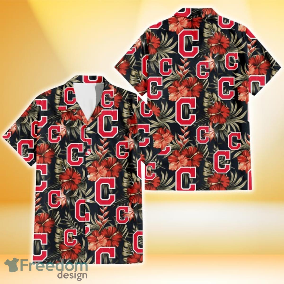 Cleveland Indians Red Hibiscus Green Leaf Dark Background 3D Hawaiian Shirt Gift For Fans Cleveland Indians Red Hibiscus Green Leaf Dark Background 3D Hawaiian Shirt Gift For Fans