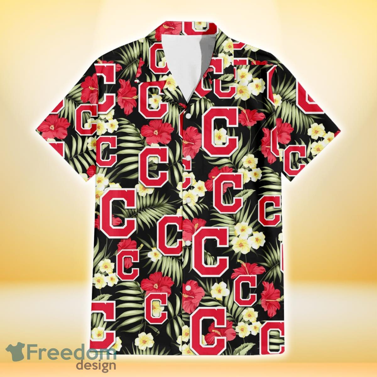 Cleveland-Indians-Red-Hibiscus-Yellow-Porcelain-Flower-Black-Background-3D-Hawaiian-Shirt-Gift-For-Fans-1