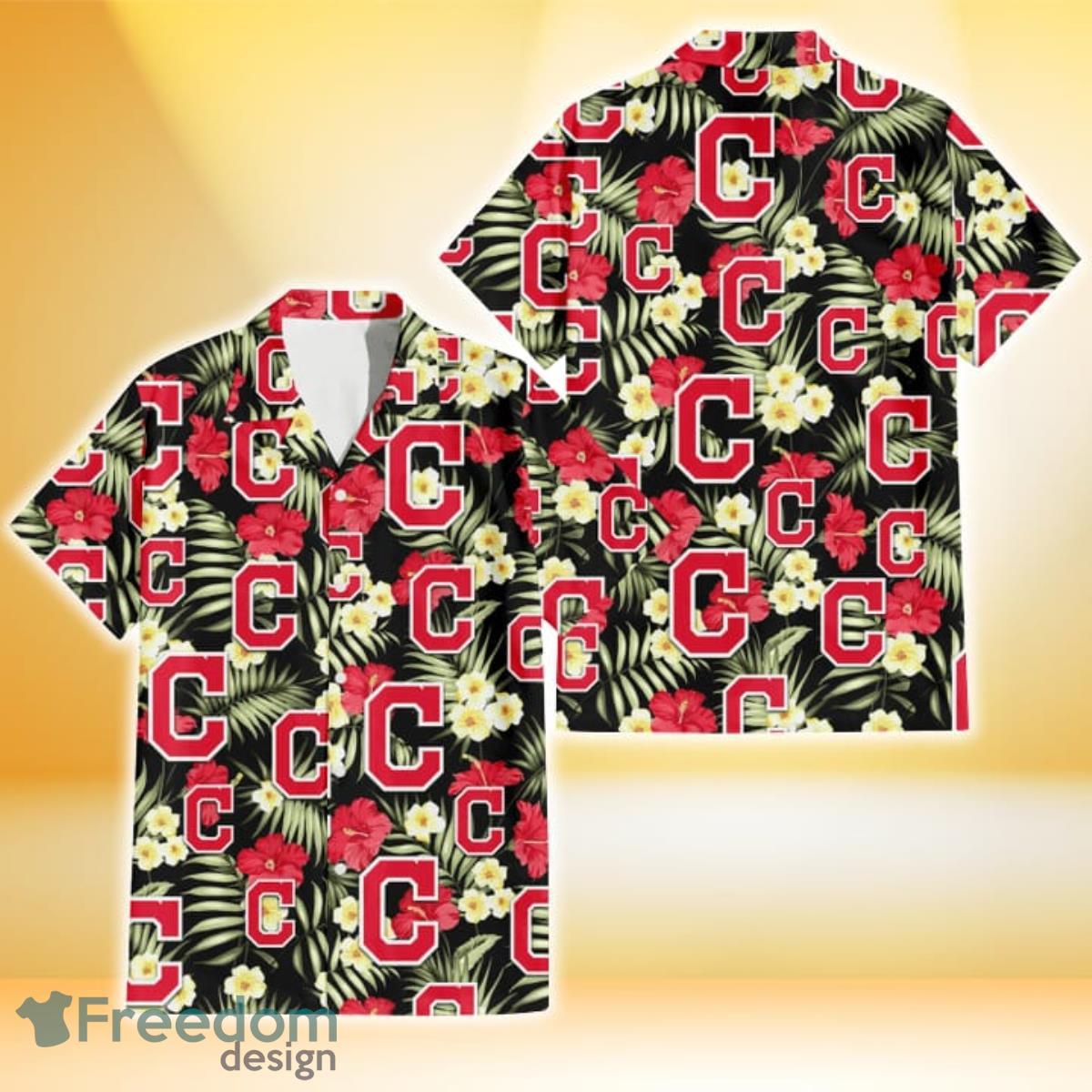Cleveland Indians Red Hibiscus Yellow Porcelain Flower Black Background 3D Hawaiian Shirt Gift For Fans Cleveland Indians Red Hibiscus Yellow Porcelain Flower Black Background 3D Hawaiian Shirt Gift For Fans