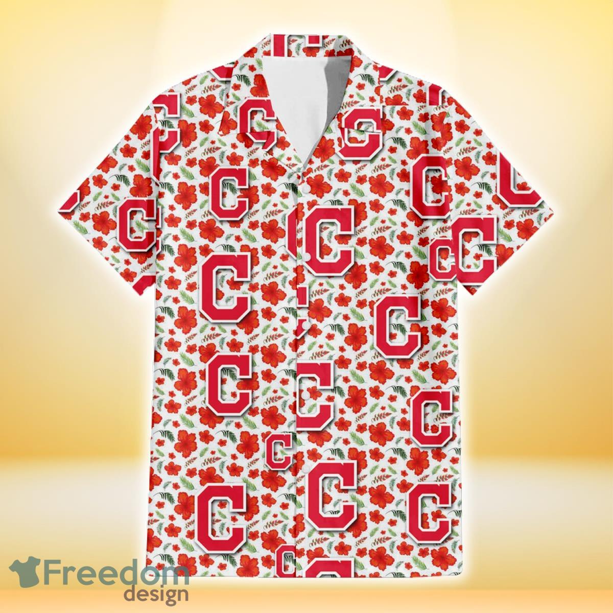 Cleveland-Indians-Tiny-Red-Hibiscus-Green-Leaf-White-Cube-Background-3D-Hawaiian-Shirt-Gift-For-Fans-1