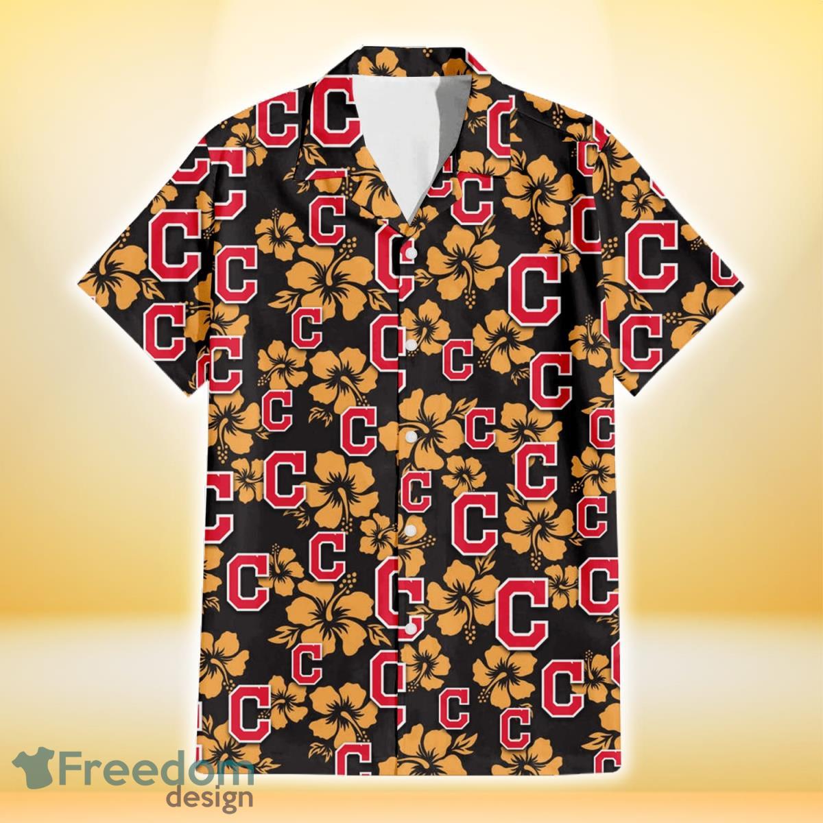 Cleveland-Indians-Tiny-Yellow-Hibiscus-Black-Background-3D-Hawaiian-Shirt-Gift-For-Fans-1