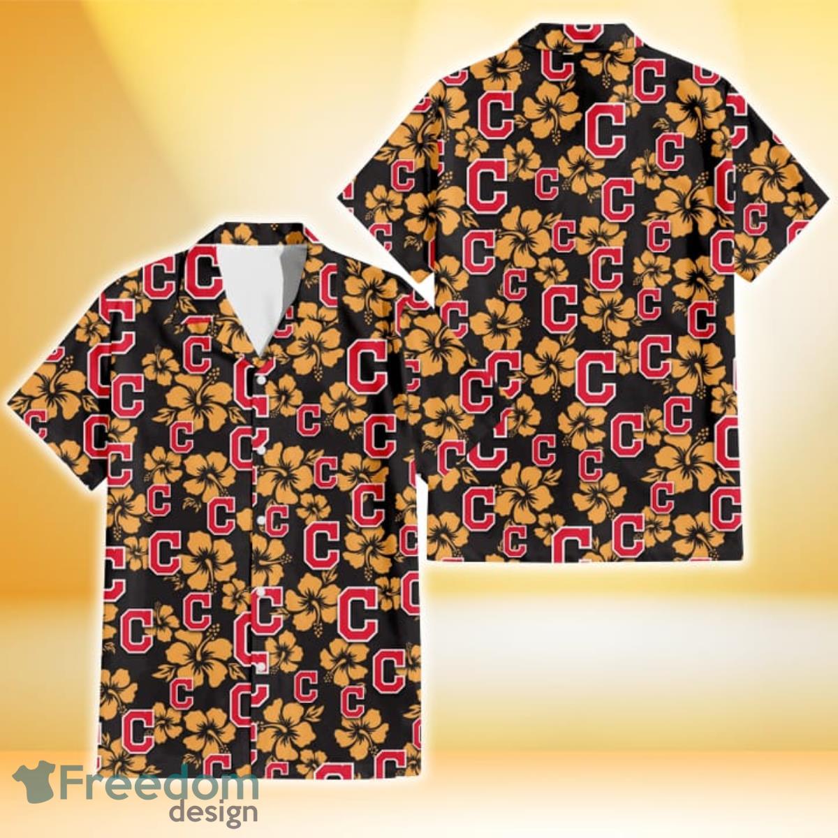 Cleveland Indians Tiny Yellow Hibiscus Black Background 3D Hawaiian Shirt Gift For Fans Cleveland Indians Tiny Yellow Hibiscus Black Background 3D Hawaiian Shirt Gift For Fans