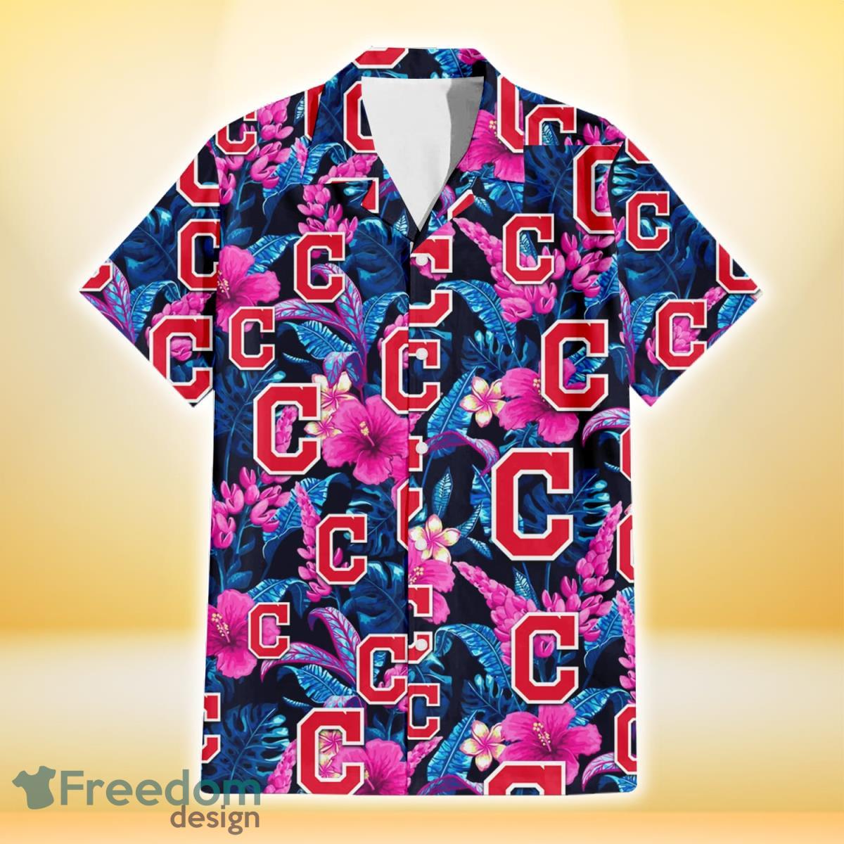 Cleveland-Indians-Violet-Red-Hibiscus-Blue-Leaf-Black-Background-3D-Hawaiian-Shirt-Gift-For-Fans-1