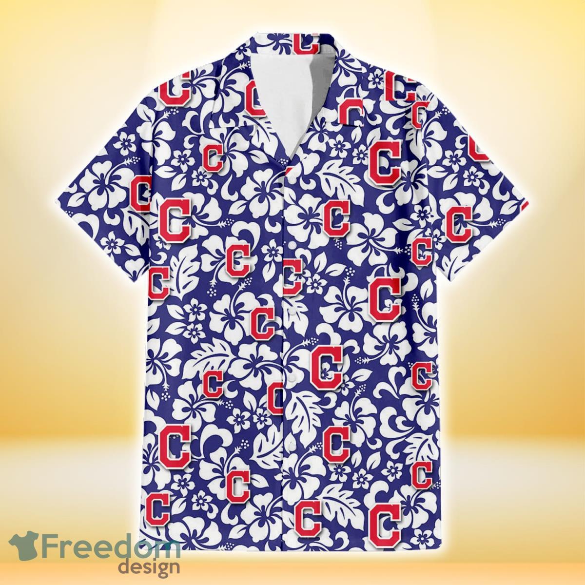 Cleveland-Indians-White-Hibiscus-Pattern-Slate-Blue-Background-3D-Hawaiian-Shirt-Gift-For-Fans-1