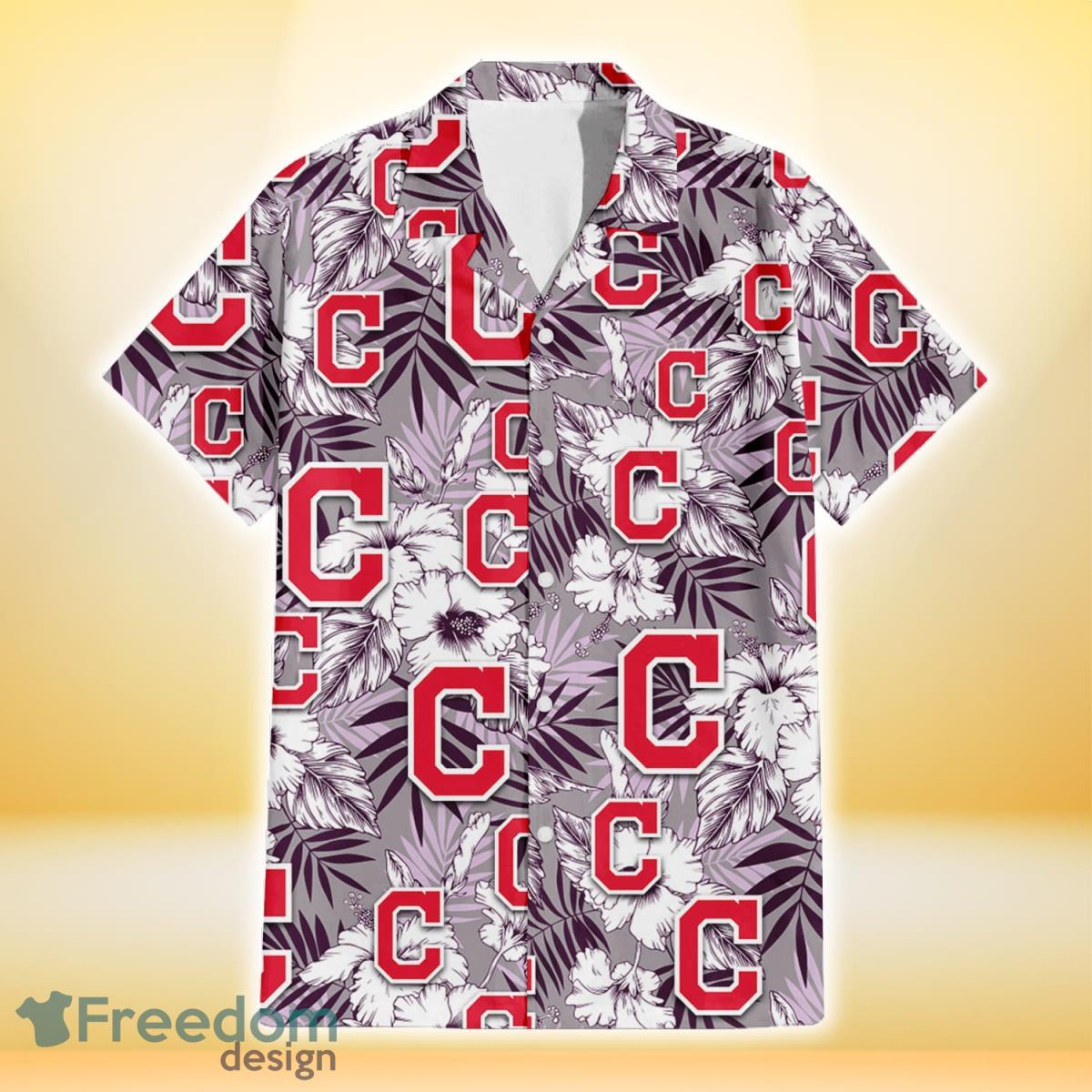 Cleveland-Indians-White-Hibiscus-Violet-Leaves-Light-Grey-Background-3D-Hawaiian-Shirt-Gift-For-Fans-1