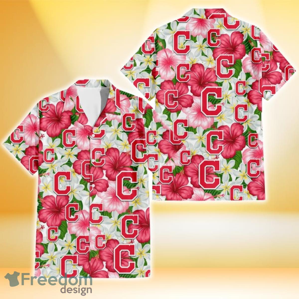Cleveland Indians White Porcelain Flower Pink Hibiscus White Background 3D Hawaiian Shirt Gift For Fans Cleveland Indians White Porcelain Flower Pink Hibiscus White Background 3D Hawaiian Shirt Gift For Fans
