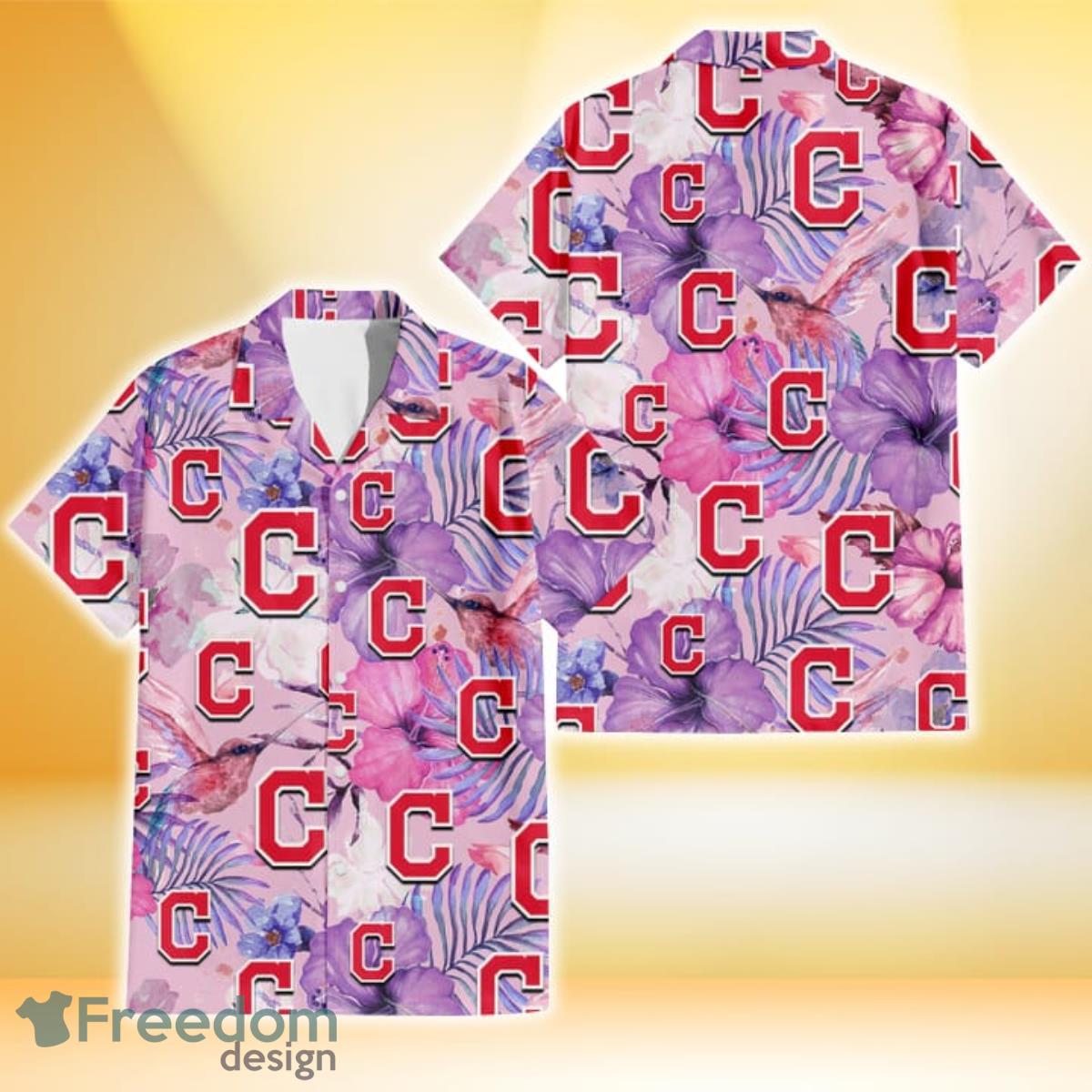 Cleveland Indians White Purple Hibiscus Pink Hummingbird Pink Background 3D Hawaiian Shirt Gift For Fans Cleveland Indians White Purple Hibiscus Pink Hummingbird Pink Background 3D Hawaiian Shirt Gift For Fans