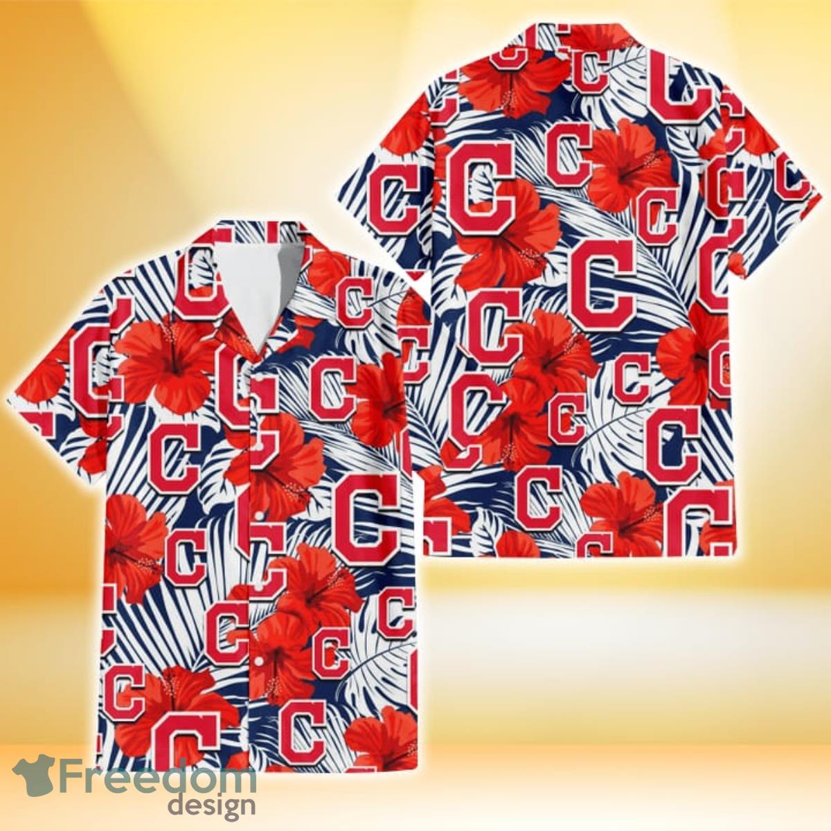 Cleveland Indians White Tropical Leaf Red Hibiscus Navy Background 3D Hawaiian Shirt Gift For Fans Cleveland Indians White Tropical Leaf Red Hibiscus Navy Background 3D Hawaiian Shirt Gift For Fans